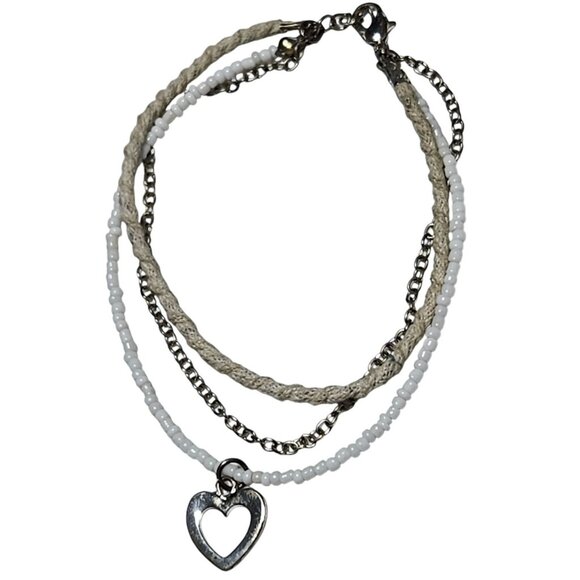 Handmade Beaded Heart Charm Multilayer Bracelet White Beads Twine Rope Love - Picture 1 of 4